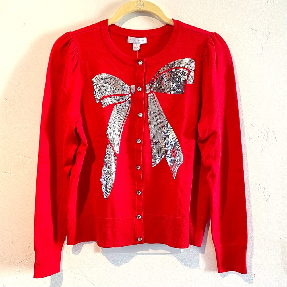 Charter club new red sweater with silver sequin bow detail